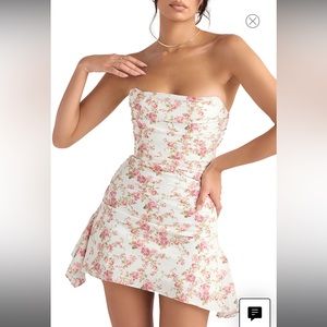 Strapless Floral Mini Dress in White and Pink
